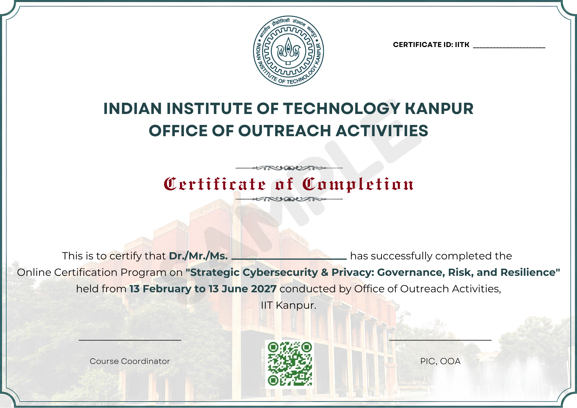 IIT Kanpur Certificate of Completion — Strategic Cybersecurity & Privacy Program